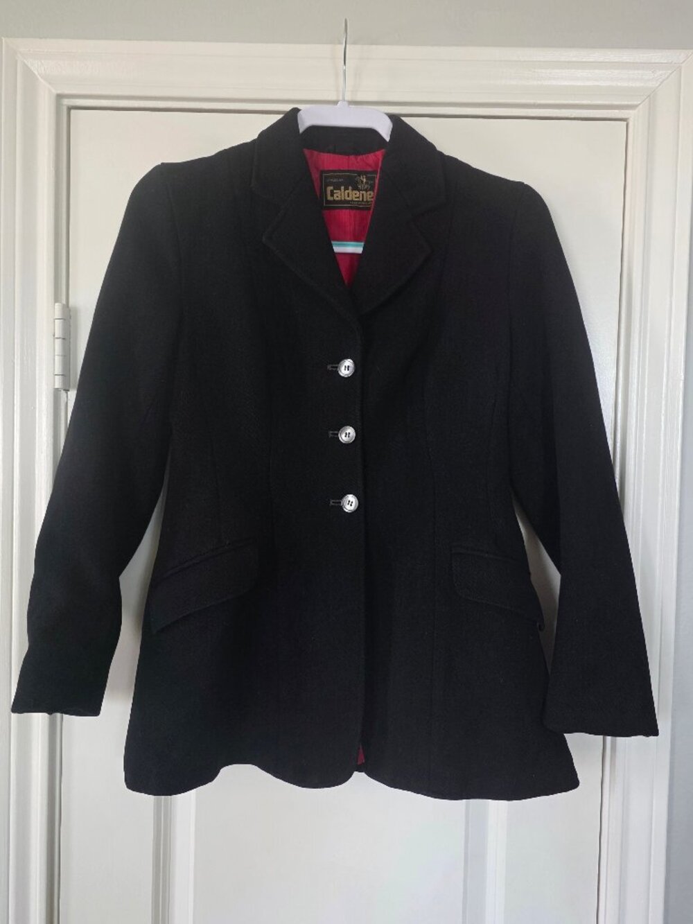 Caldene Black 100% Wool Equestrian Hunt Show Coat Fuchsia Red Lining